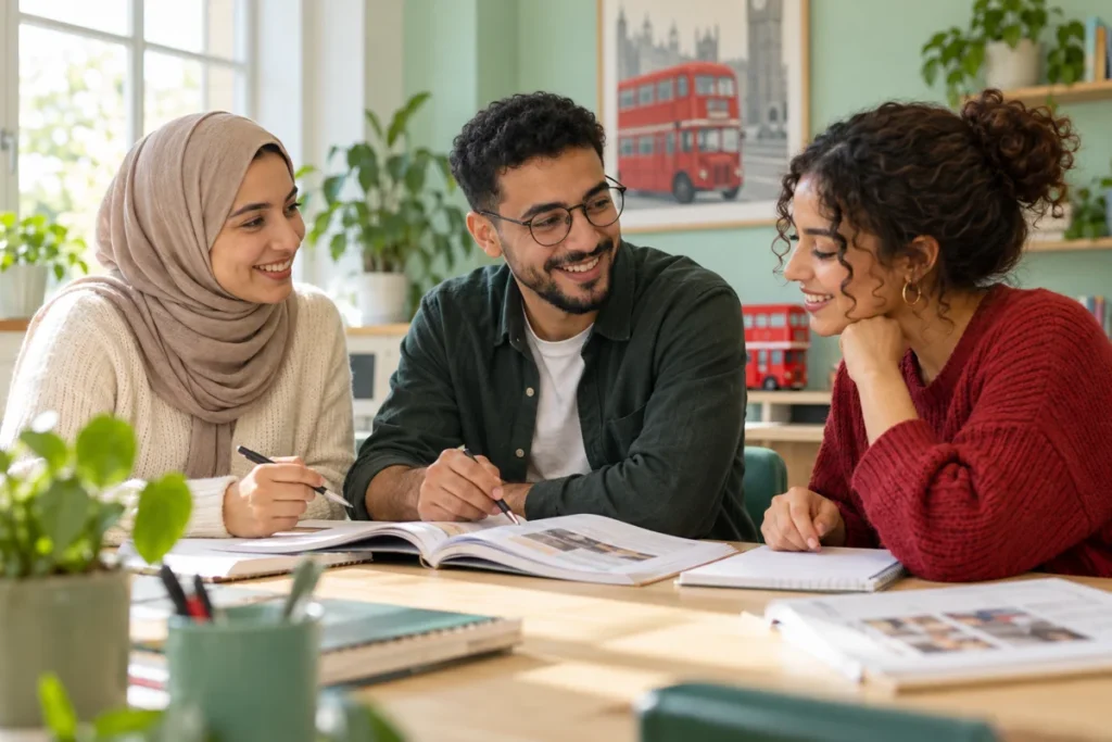 Illustration de trois adultes étudiant ensemble.