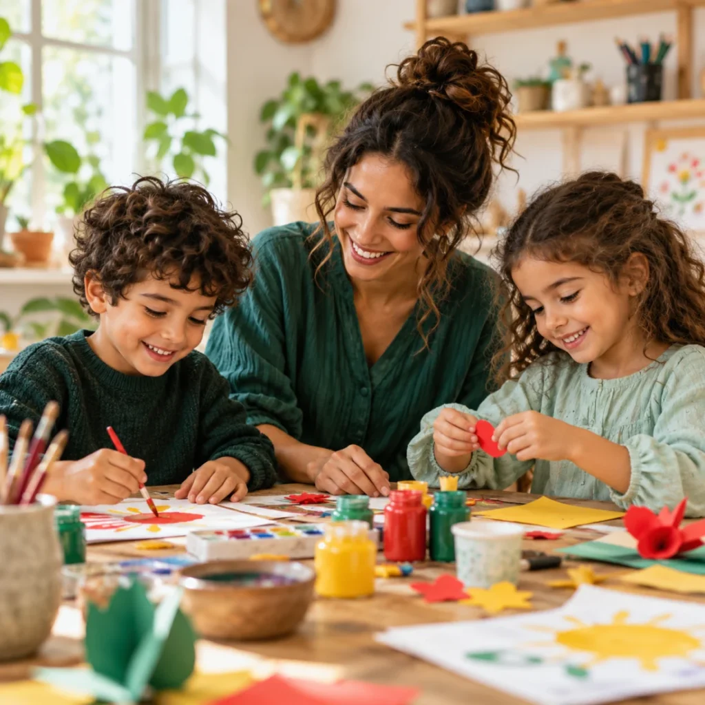 Illustration d’enfants faisant des activités créatives avec une animatrice.