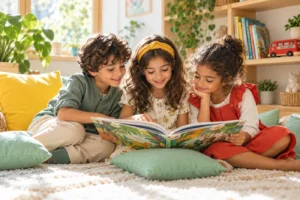 Illustration de trois enfants lisant un livre ensemble.
