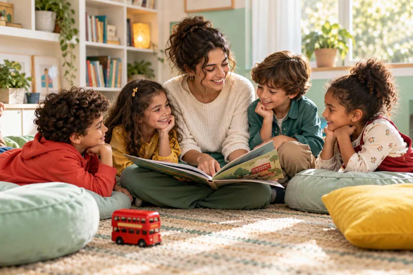 Illustration d’une animatrice lisant une histoire à des enfants.