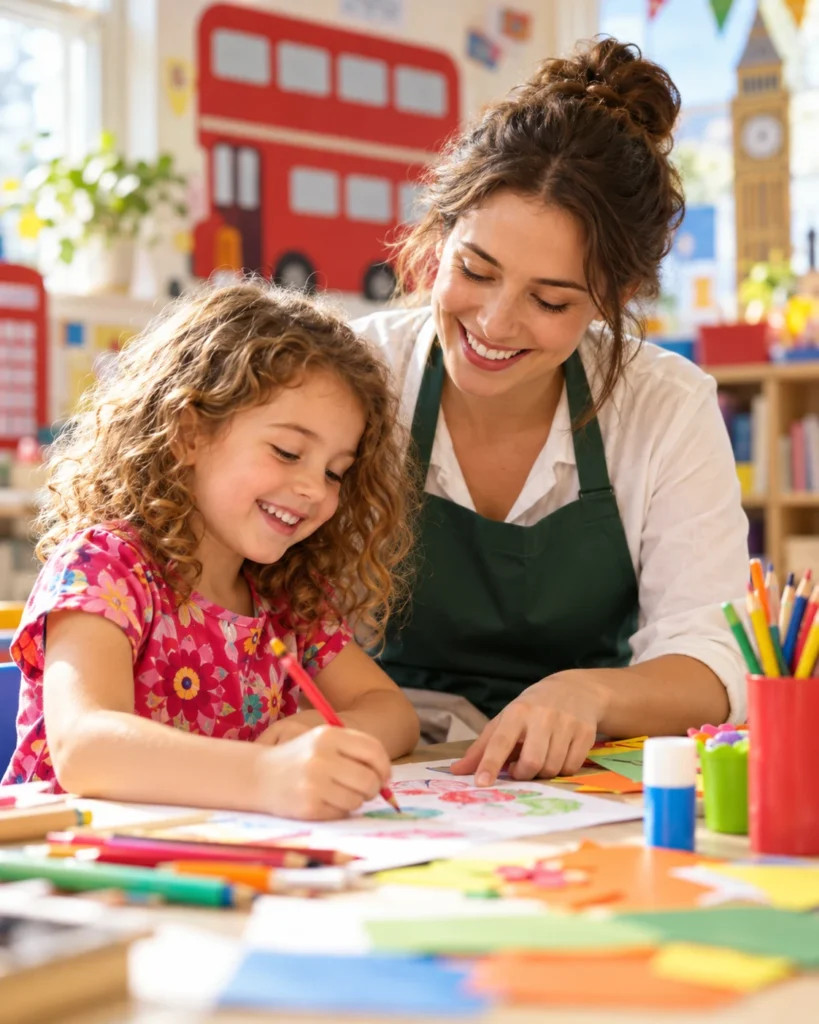 A fictional teacher and child enjoying a creative activity together
